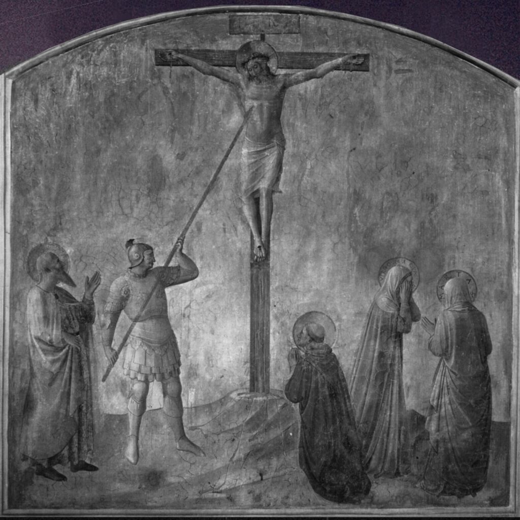 Saint Longin perçant le flanc du Christ avec sa lance (image modifiée), Musée national San Marco, Florence. Selon l’Évangile de Jean, il le fait pour s’assurer de la mort de Jésus.